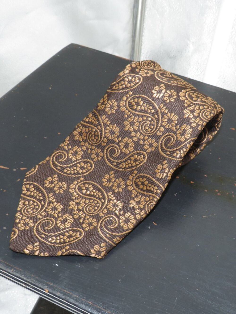 Vintage Smoothie Button Down Necktie Brown Gold Paisley Pattern Men OS Tie Retro